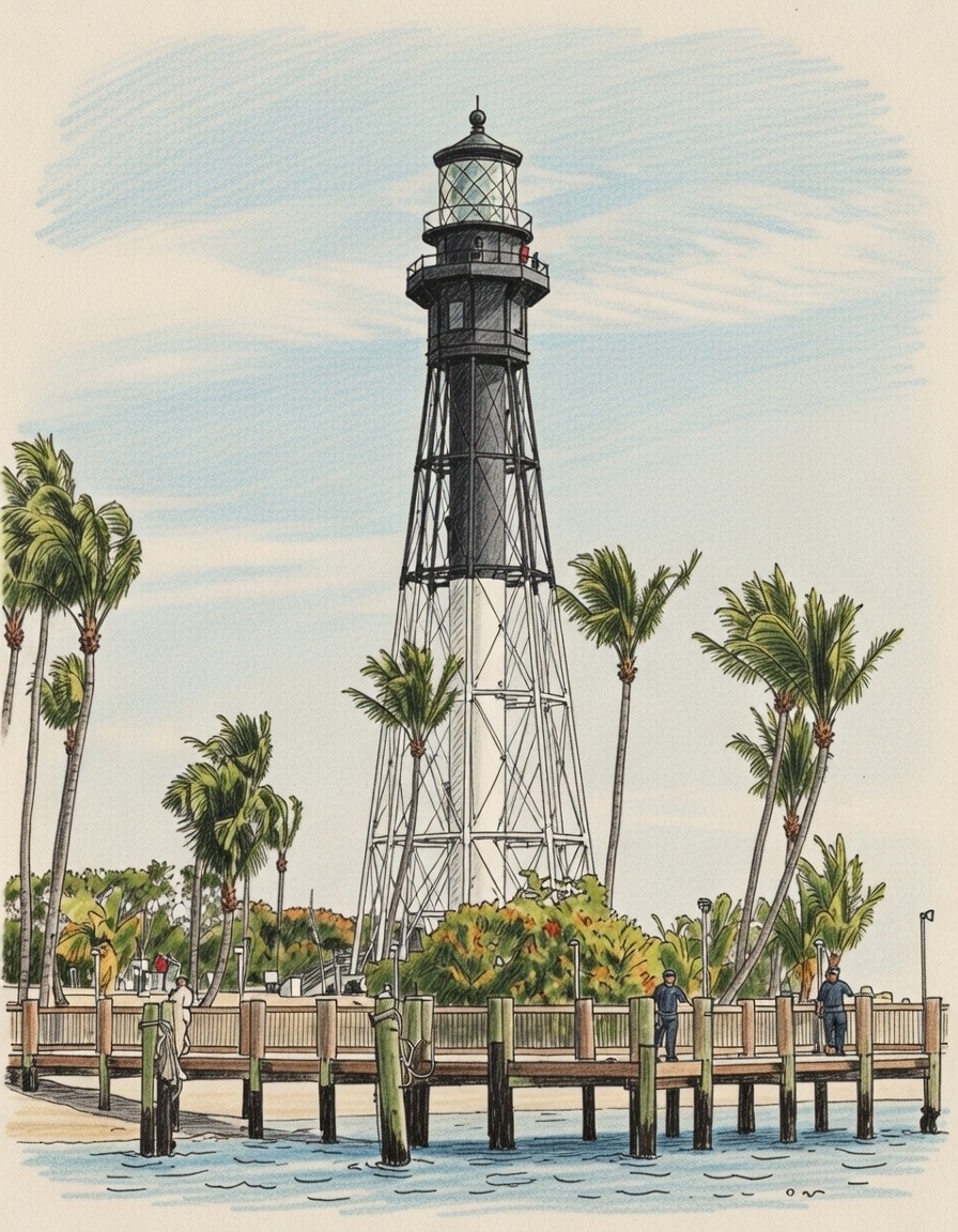 Hillsboro Inlet Lighthouse - Watercolor illustration of the iconic black and white striped lighthouse with palm trees, wooden pier, and calm blue water